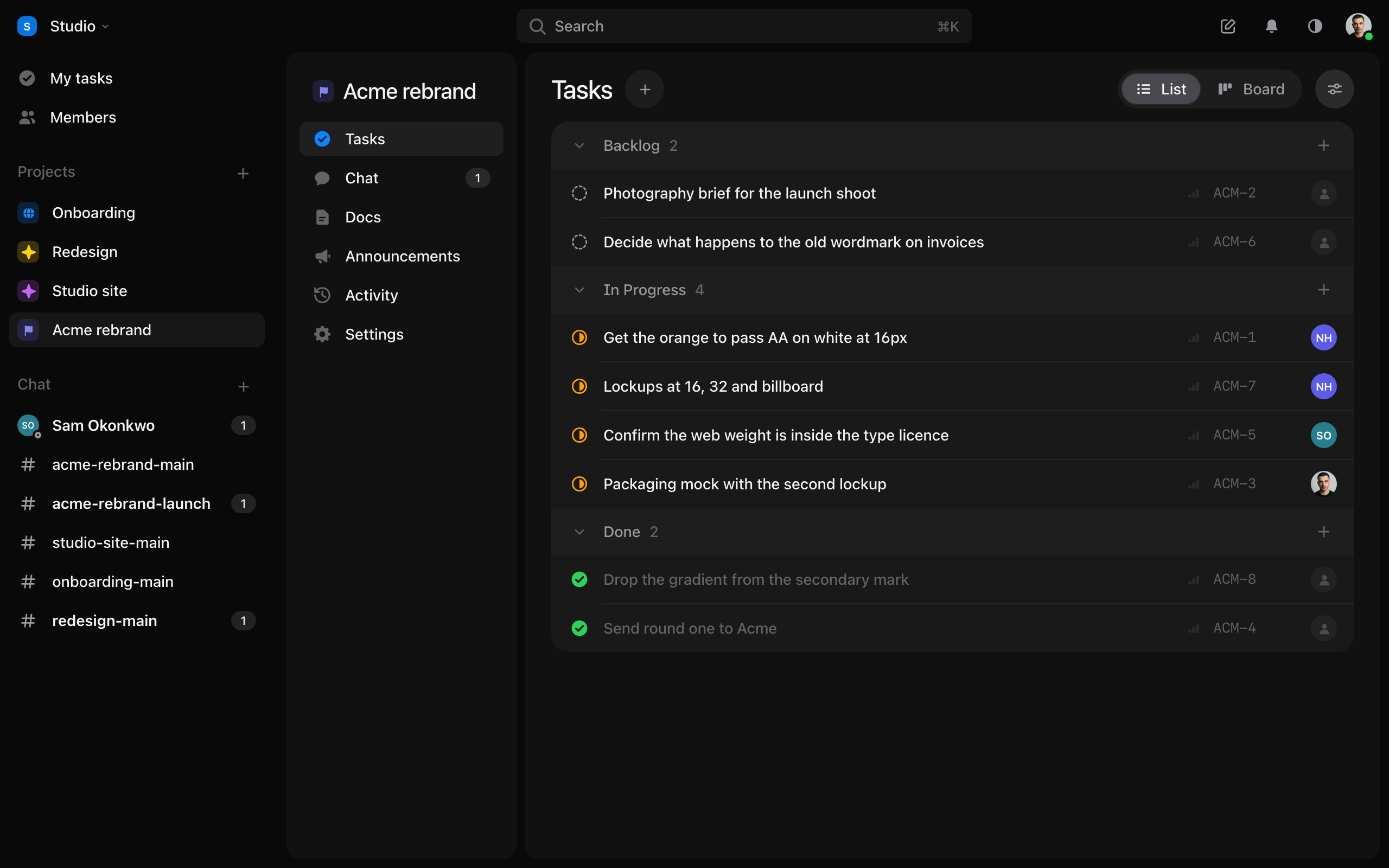 Tuff with a project’s tasks open: the places down the left, the project’s tabs, and its tasks.