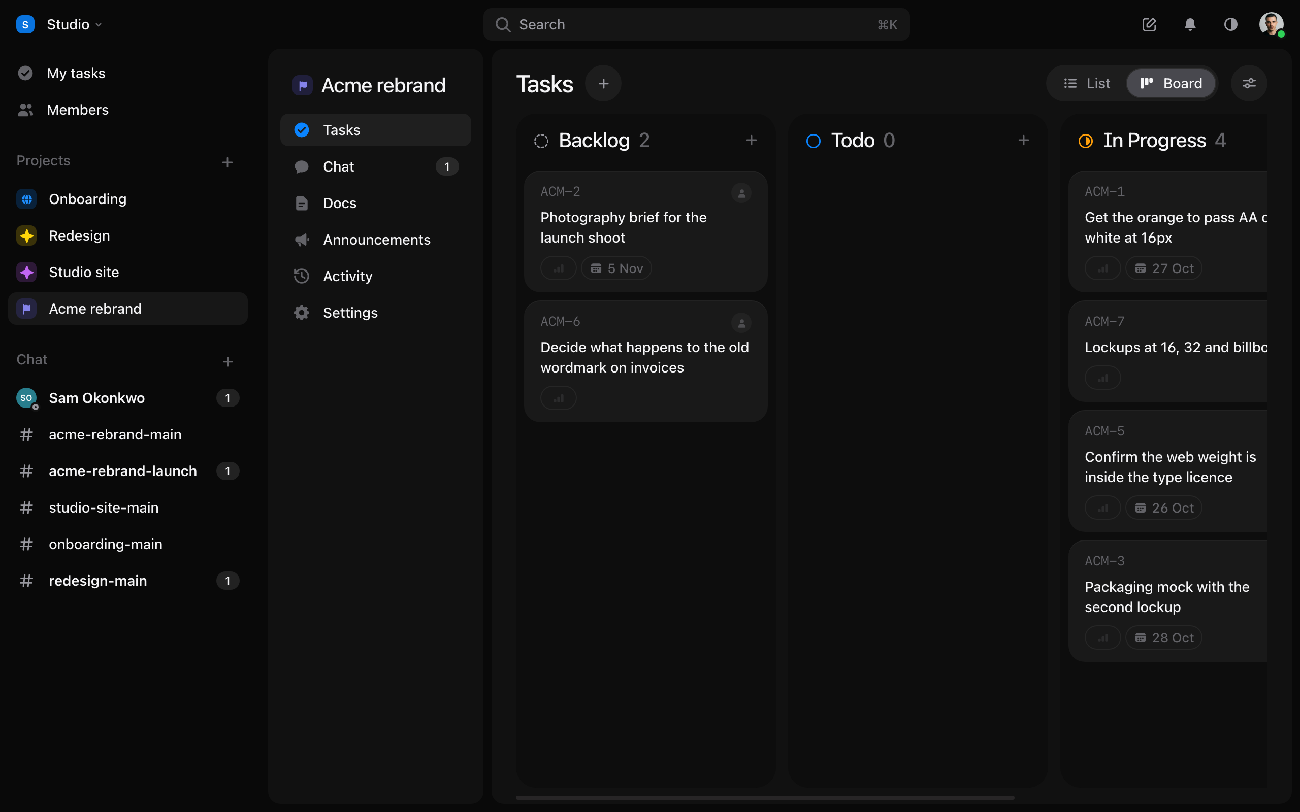 A project’s tasks as a board, in columns by list.