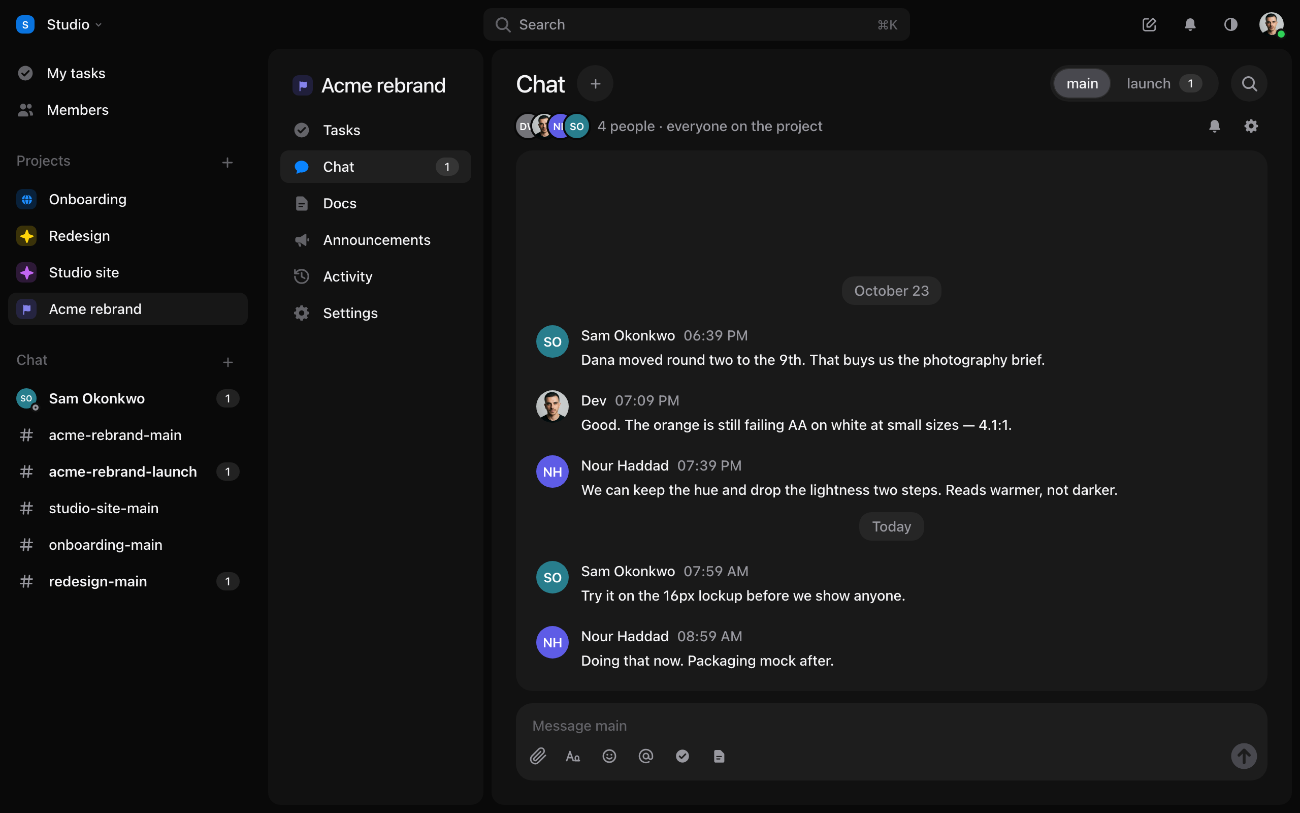 A project’s channel, with its people at the top and the field to write in.