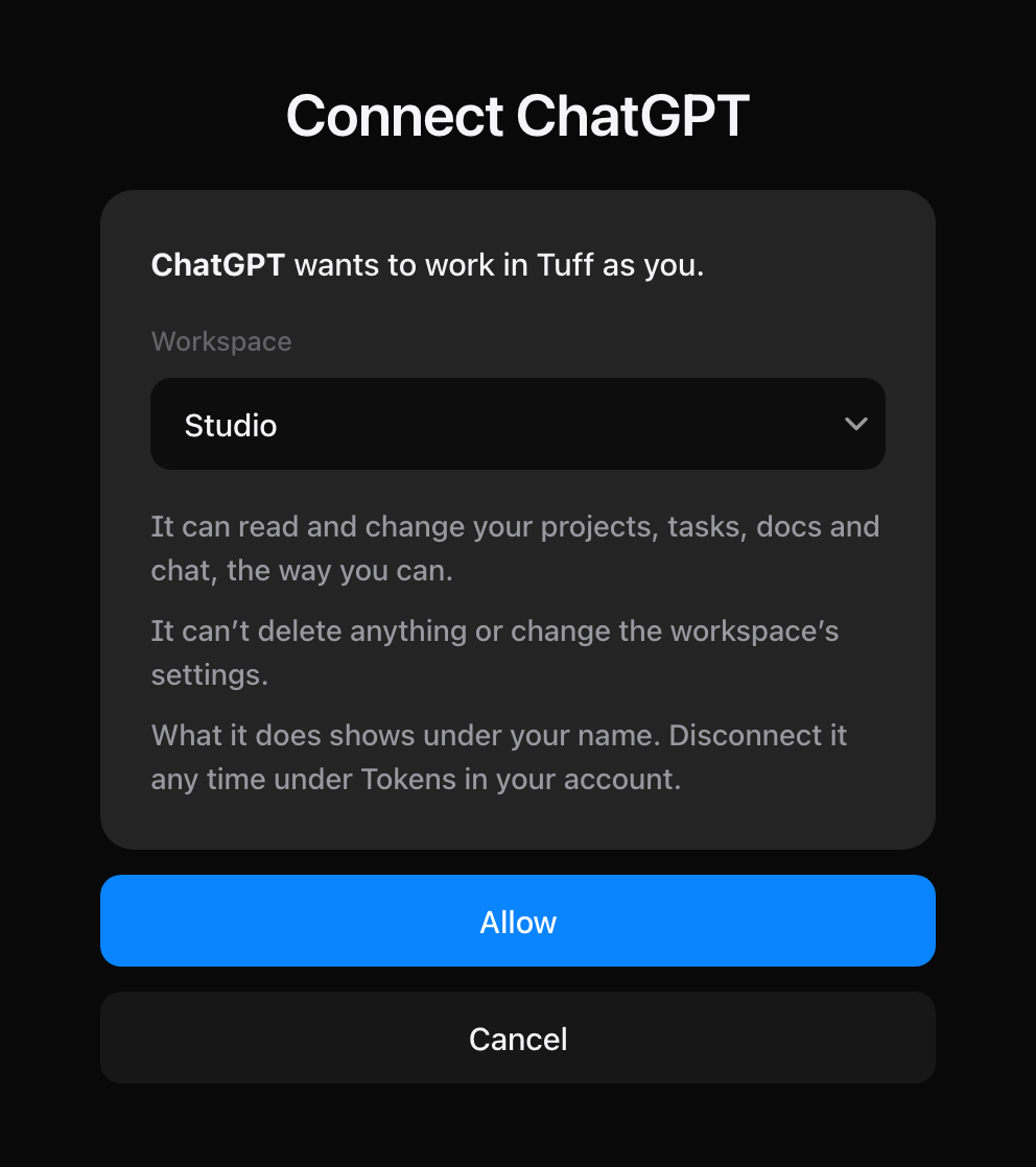 Tuff asking whether an agent may work in the workspace, with Allow and Cancel.
