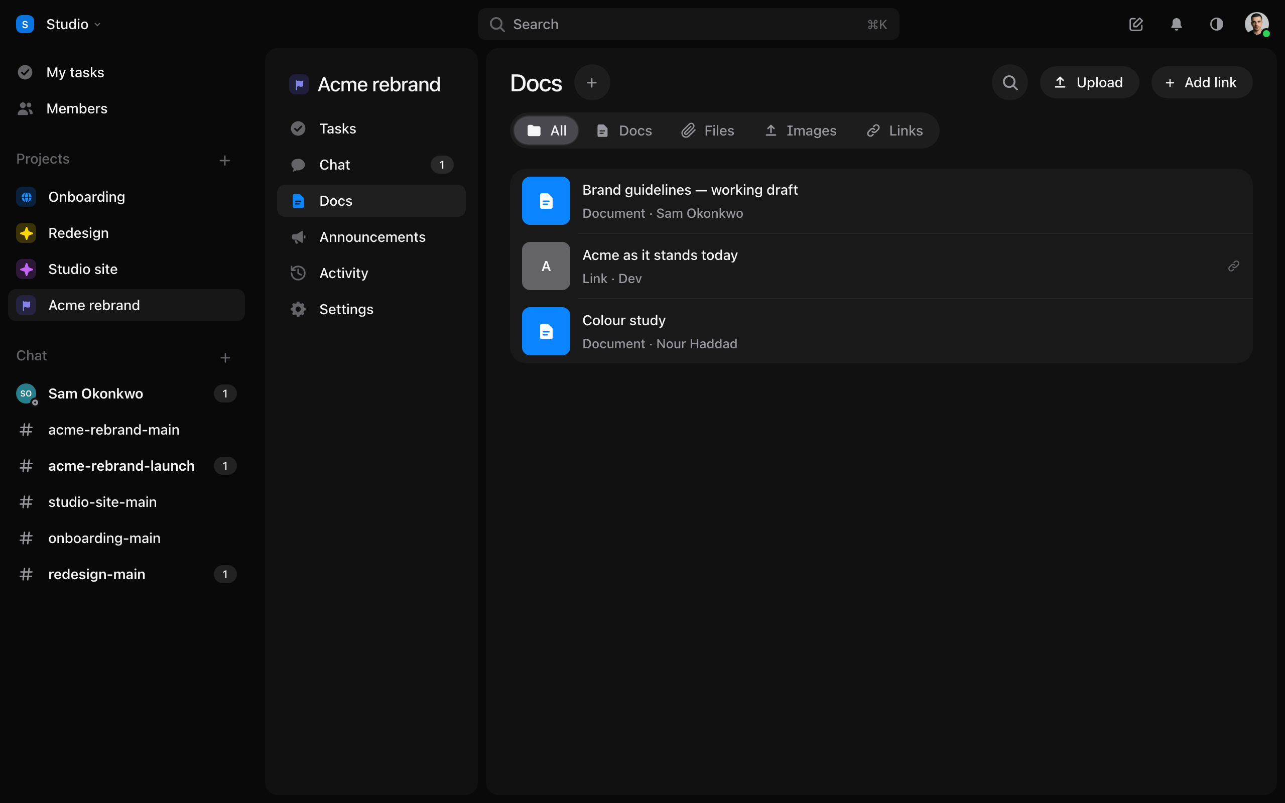 A project’s Docs: documents, uploads and links in one list.