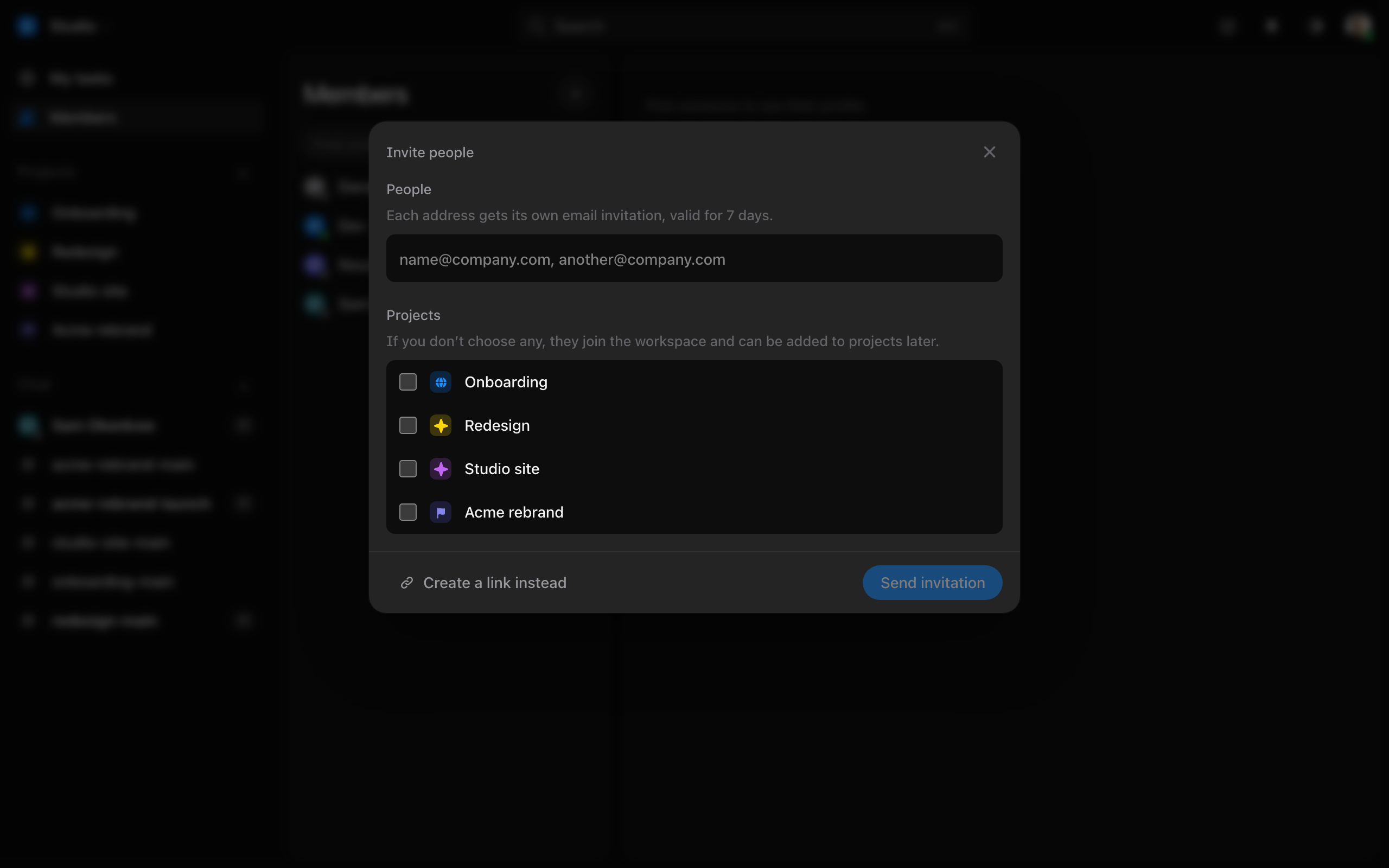 The Invite people window, with emails, the projects to put them on, and a link to share.