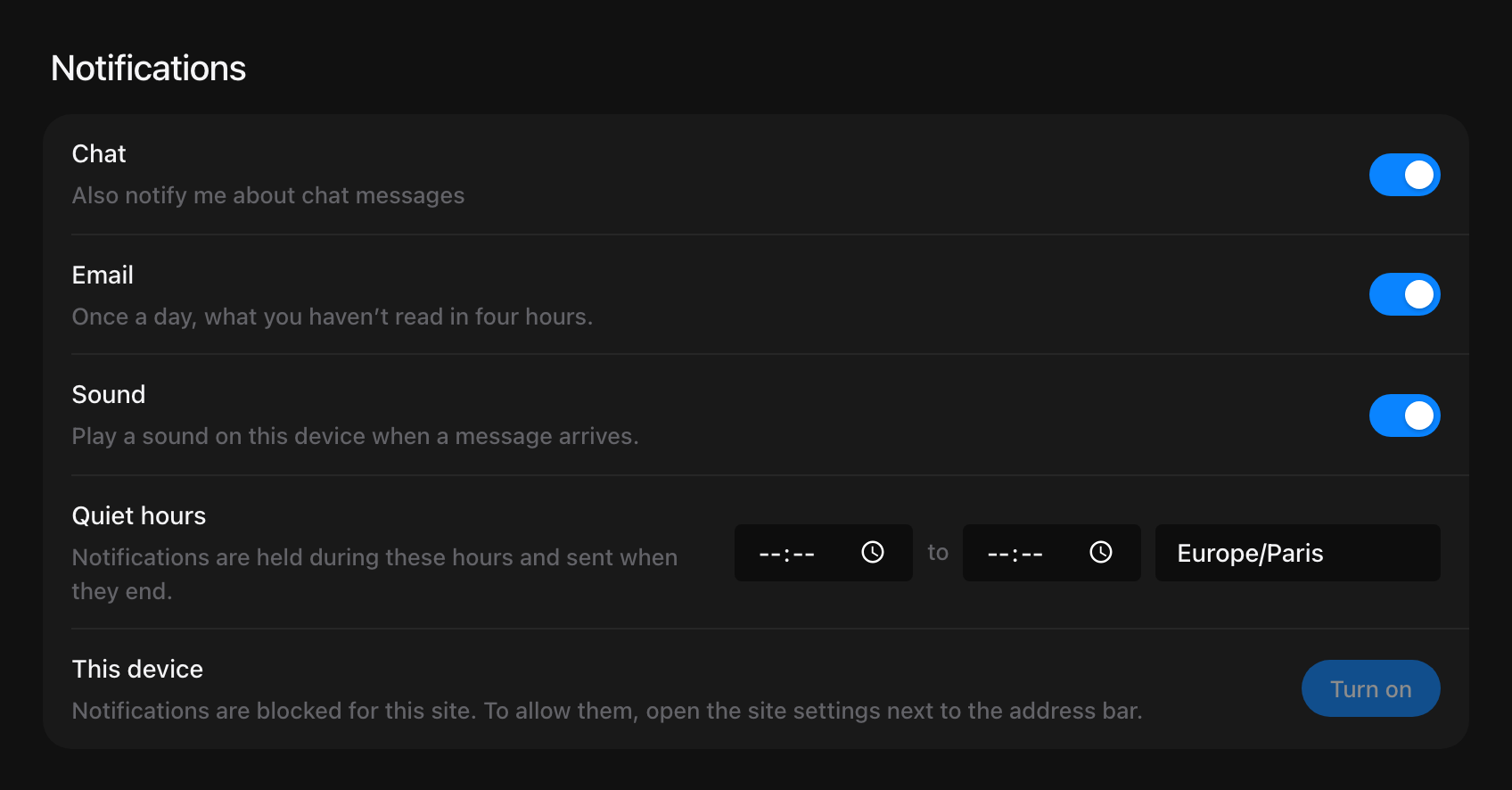 Notifications in Account settings: this device, chat, and quiet hours.