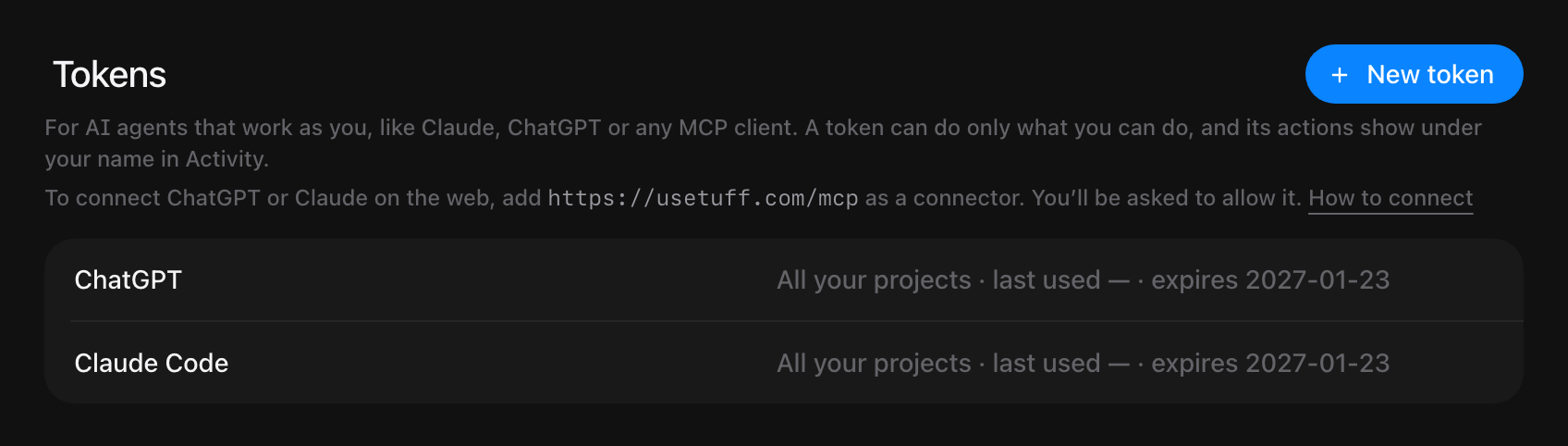 Tokens in Account settings, with each connected agent by name.
