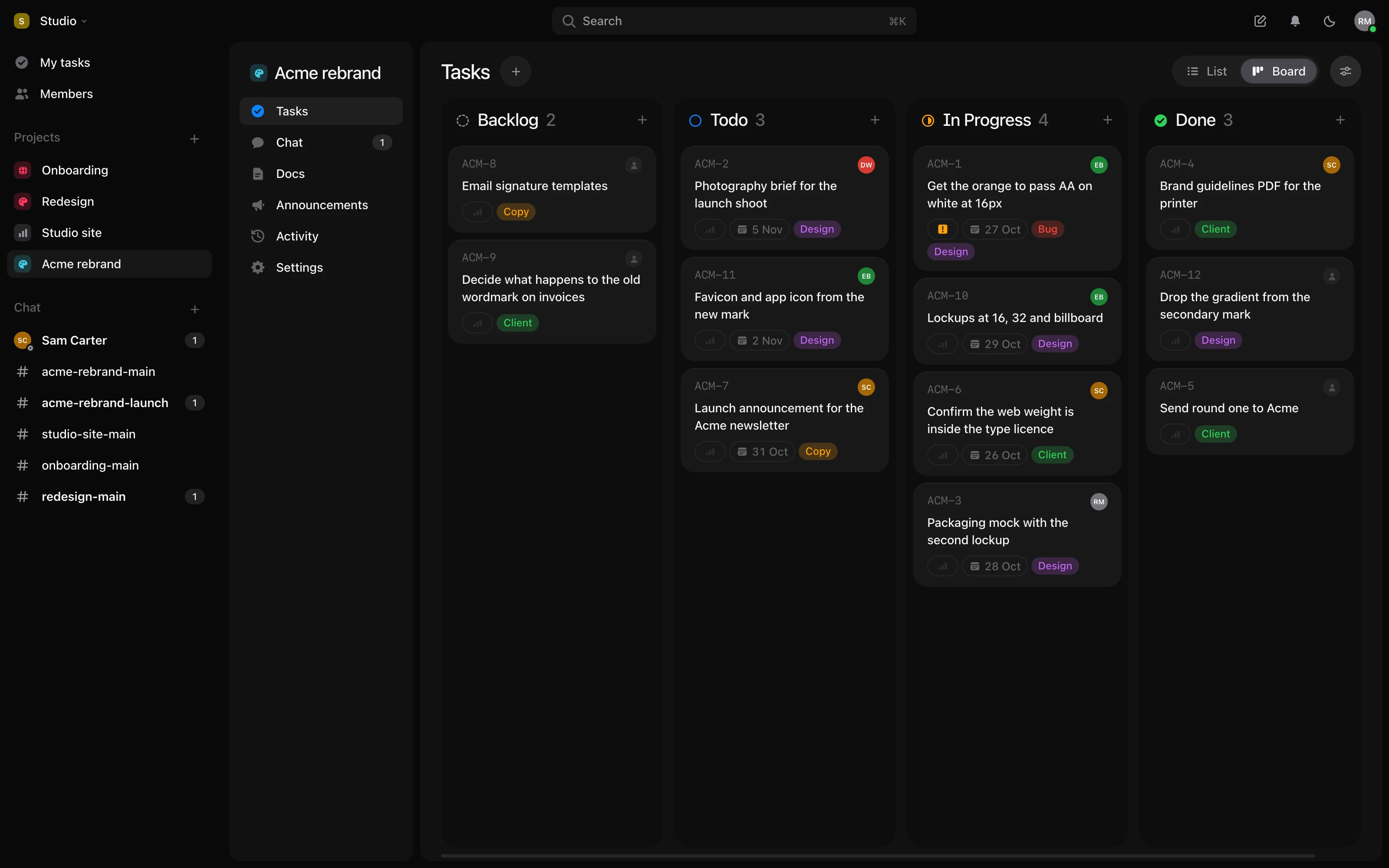 A project's board in Tuff: Backlog, Todo, In Progress and Done
