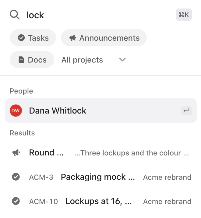 The search palette, opened with Command K